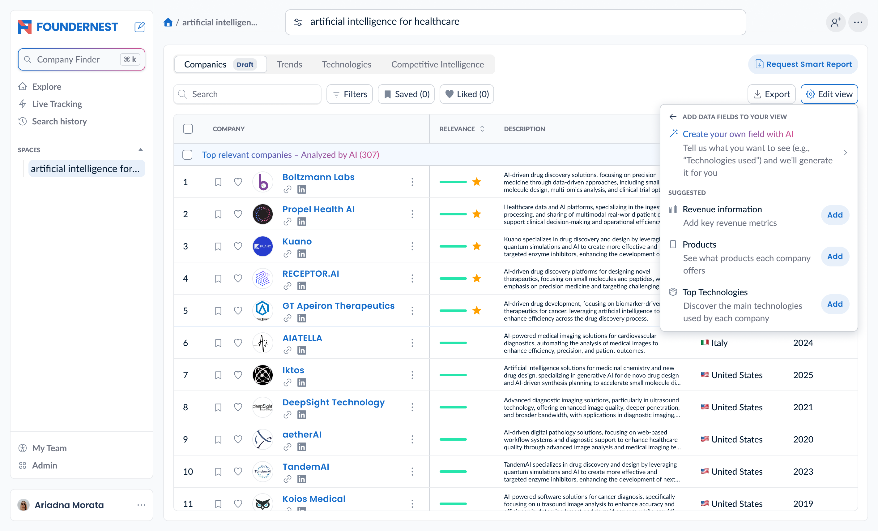 FounderNest company discovery interface