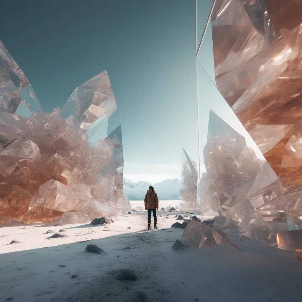 A figure standing between monumental crystalline forms